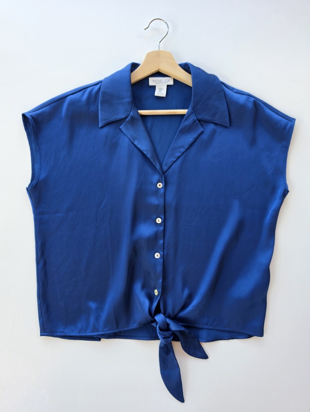 Rachel Zoe Blue Satin Short Sleeve Button Front Top
